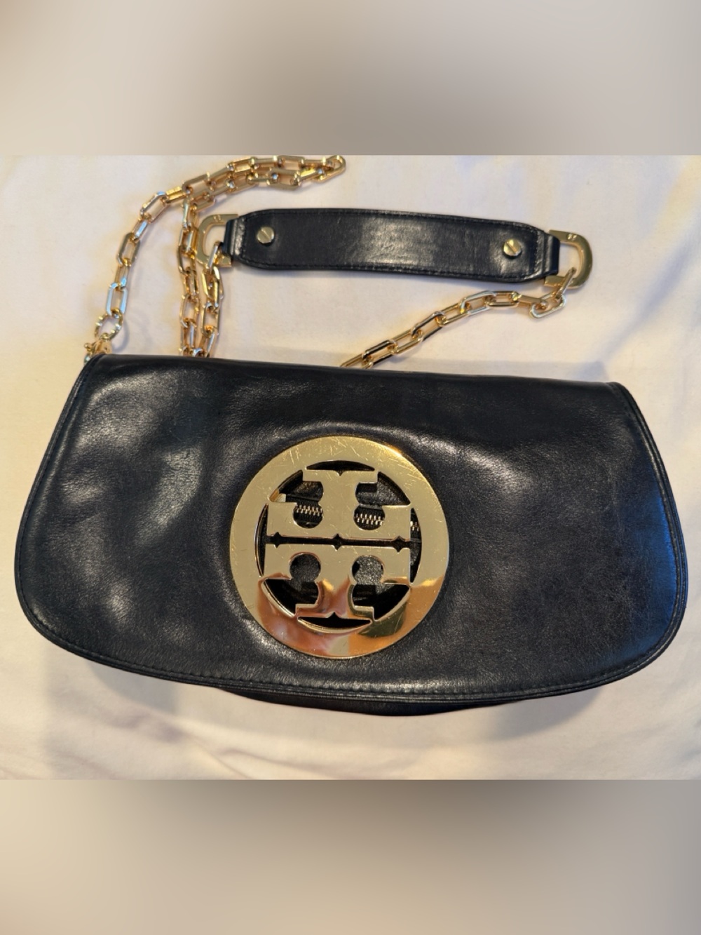 Tory Burch Black Leather Shoulder Bag with Gold Logo Disc and Chain